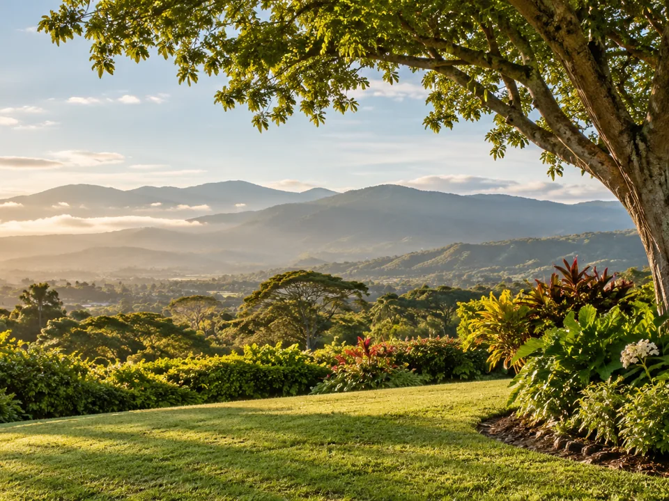 Jardín iluminado por el sol, con árboles y montañas al fondo